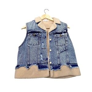 Gilded Intent Sherpa Lined Denim Vest Blue Acid Wash Distressed Womens Medium